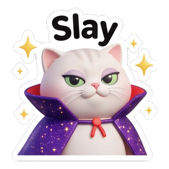White cat wearing a vampire cape looking elegant saying Slay. Whimsical White Cat Adventures sticker for expressive chats and social replies.
