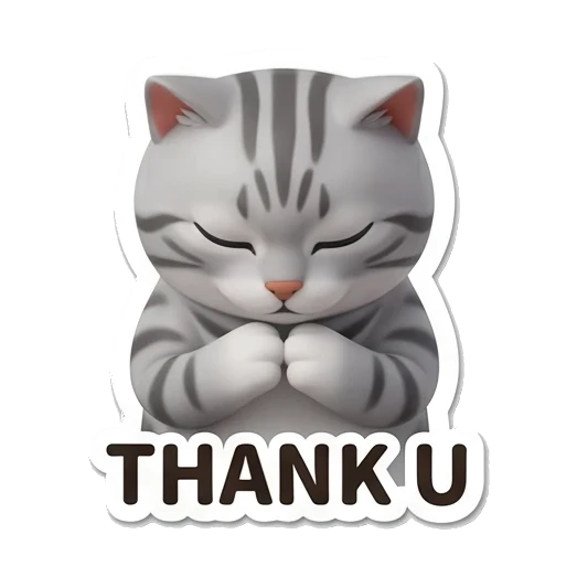 Gray tabby cat with hands together in gratitude with THANK U text Cheerful Gray Tabby Cat sticker for expressive chats and social replies.