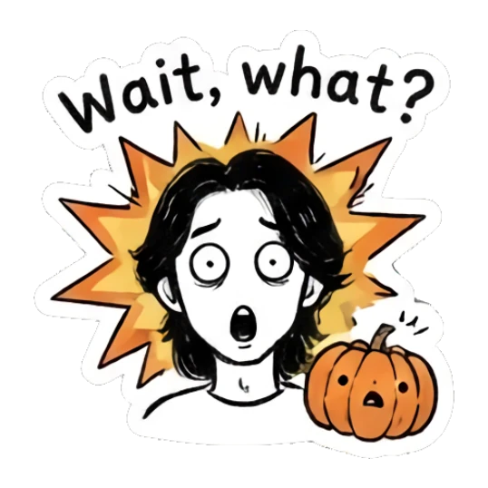 Surprised boy with pumpkin and explosion background, text Wait what Autumn Indie Doodle Guy sticker for expressive chats and social replies.