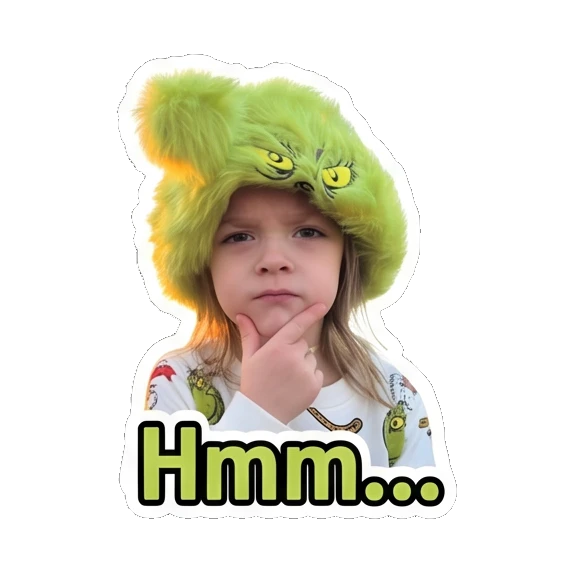 Child in green hat resting chin on hand thinking with text Hmm... Grinchy Kid Moods sticker for expressive chats and social replies.