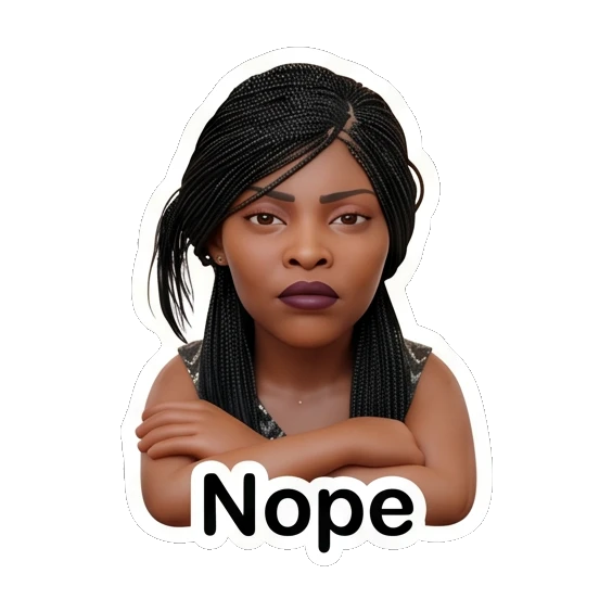 Woman with arms crossed, looking unimpressed, text Nope Chic Afro-Textured Daily Expressions sticker for expressive chats and social replies.