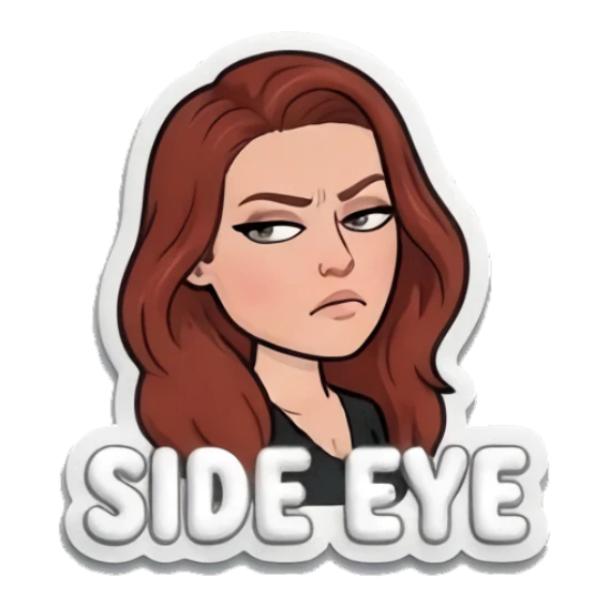 Red-haired girl giving a skeptical side eye, text SIDE EYE Red-Haired Girl Daily Moods sticker for expressive chats and social replies.