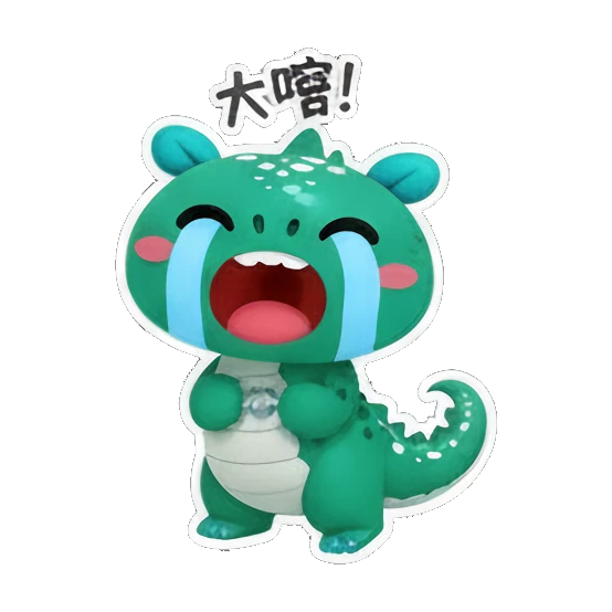 Crying dino with tears and 大喀 text Cheerful Green Dino Adventures sticker for expressive chats and social replies.