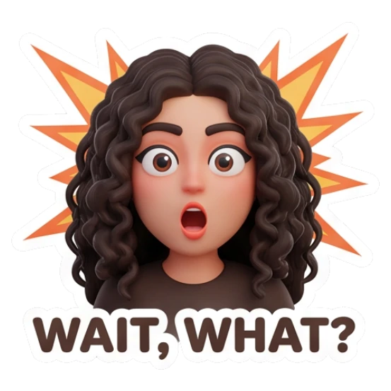 Woman with curly hair looking shocked, text WAIT, WHAT? Modern Couple Daily Vibes sticker for expressive chats and social replies.