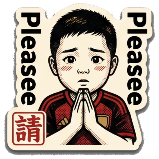 Boy with hands pressed together in a pleading, please gesture. Young Soccer Fan Expressions sticker for expressive chats and social replies.