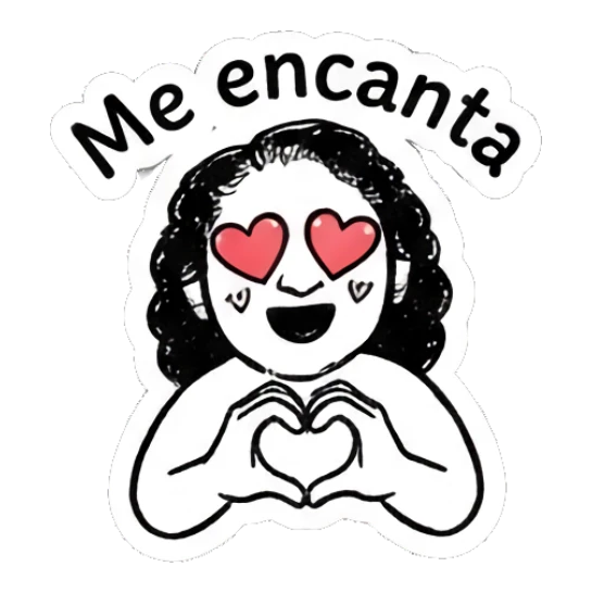 Happy girl making a heart shape with hands and 'Me encanta' text Curly Hair Girl Daily Vibes sticker for expressive chats and social replies.