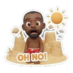 Man looking shocked at a sandcastle, text OH NO! Summer Beach Vibes sticker for expressive chats and social replies.