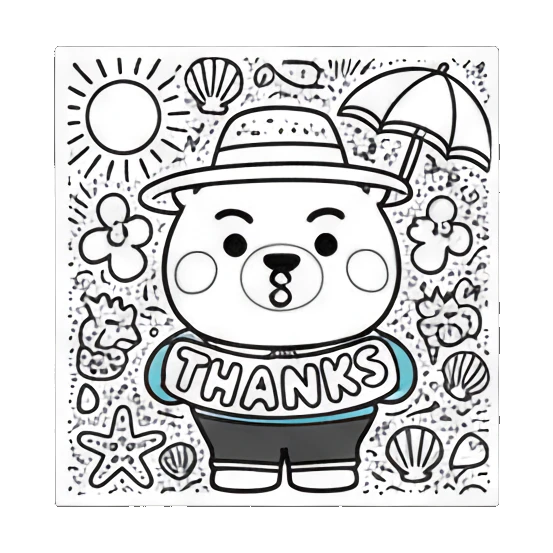 Bear in sun hat holding THANKS sign under umbrella Doodle Bear Summer Vibes sticker for expressive chats and social replies.
