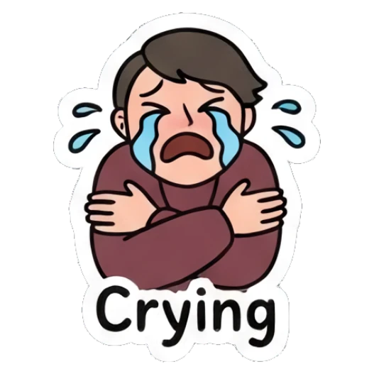 Sad person crying with arms crossed and 'Crying' text. Daily Moods of a Cool Student sticker for expressive chats and social replies.