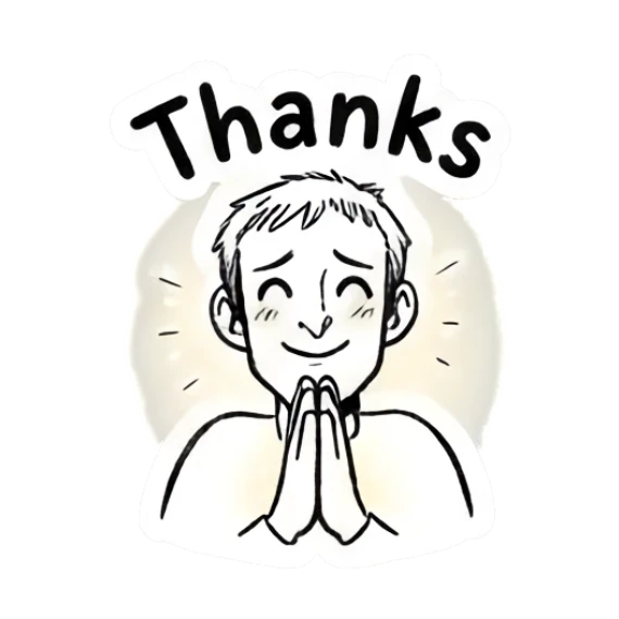Man with hands in prayer position saying Thanks Doodle Guy Daily Vibes sticker for expressive chats and social replies.
