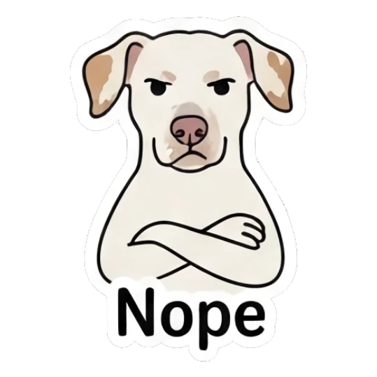 Disapproving puppy with arms crossed and text Nope Playful Spotted Puppy Expressions sticker for expressive chats and social replies.