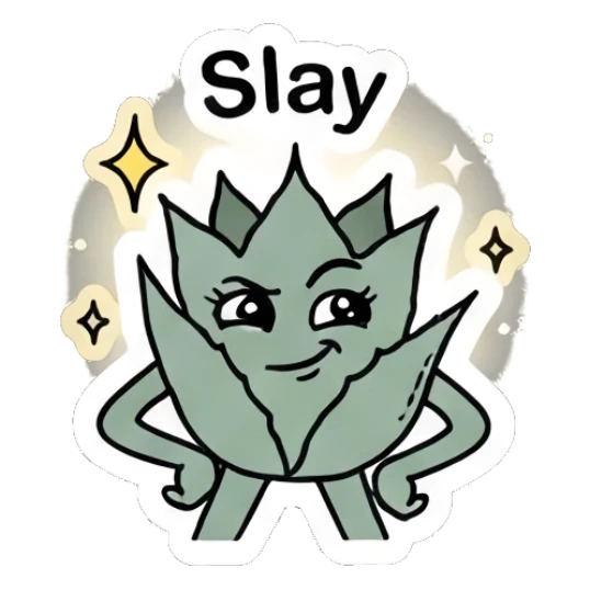 Confident aloe plant with hands on hips posing. Cheerful Aloe Adventures sticker for expressive chats and social replies.