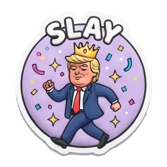 Trump wearing a crown walking confidently, text SLAY “DUMP TRUMP!” sticker for expressive chats and social replies.