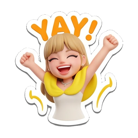 Blonde girl cheering with YAY text, arms raised, happy. Golden Girl Daily Vibes sticker for expressive chats and social replies.