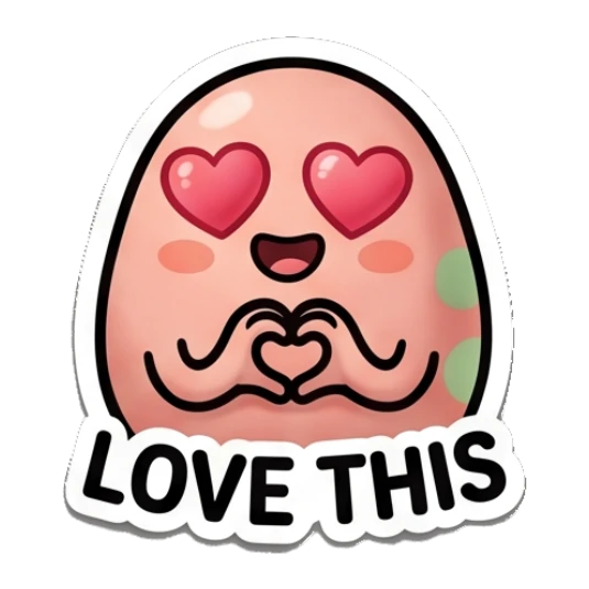 Pink egg making a heart shape with hands and heart eyes with text LOVE THIS Pinky Egg Expressions sticker for expressive chats and social replies.