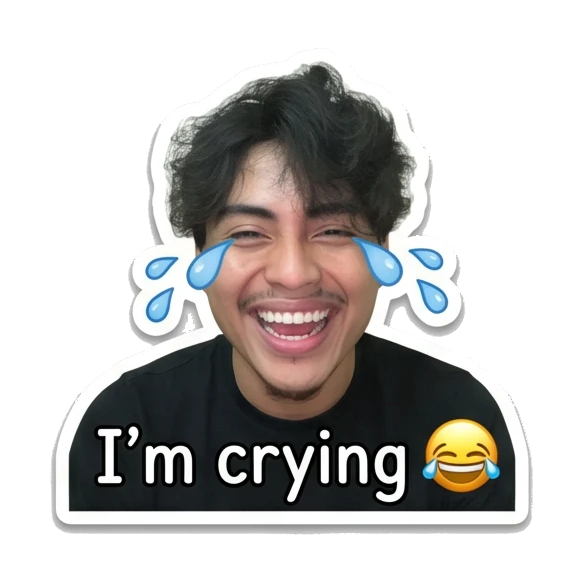 Young man laughing with tears of joy and text I'm crying Daily Life of a Cool Guy sticker for expressive chats and social replies.