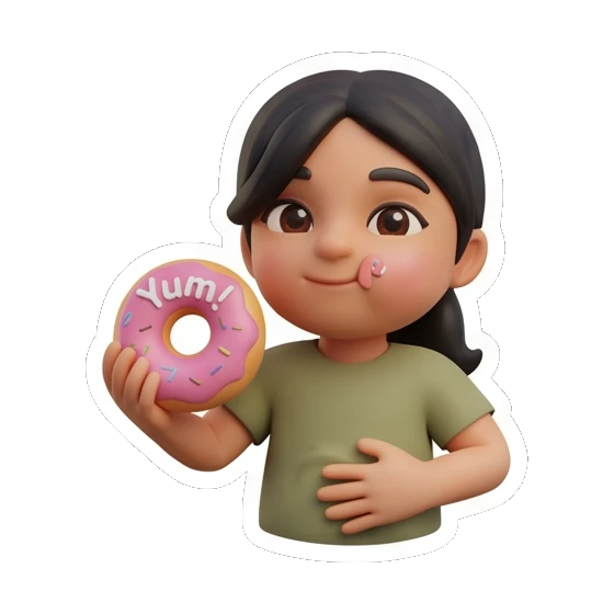 Girl eating a donut with Yum text, satisfied. Cheerful Girl Daily Life sticker for expressive chats and social replies.