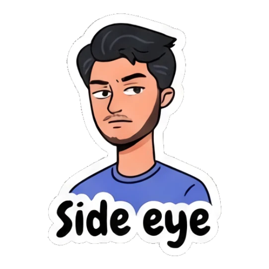 Skeptical young man giving a side eye with text Side eye Daily Life of a Cool Guy sticker for expressive chats and social replies.