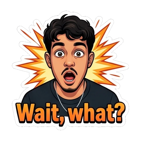 Shocked young man with 'Wait, what?' text. Cool Guy Daily Vibes sticker for expressive chats and social replies.