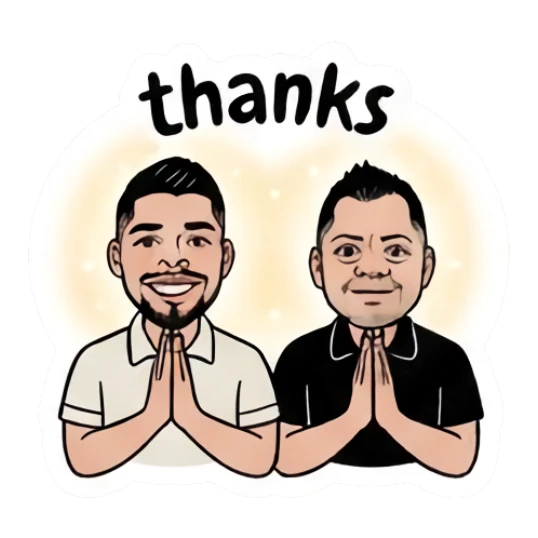 Twin brothers praying with 'thanks' text. Twin Brothers Daily Vibe sticker for expressive chats and social replies.