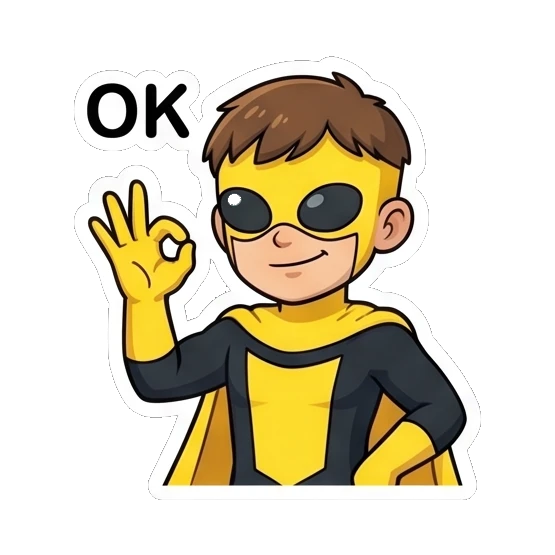Superhero boy making OK hand gesture with a confident smile. Yellow Hero Adventures sticker for expressive chats and social replies.