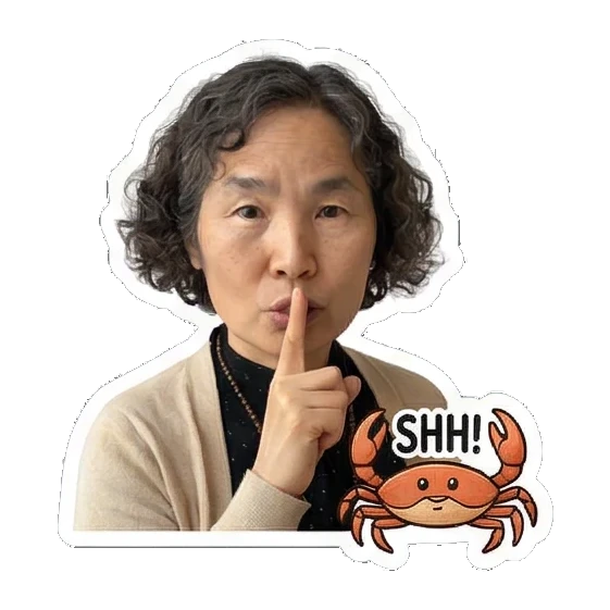 Mother shushing with crab Cheerful Grandma Daily Life sticker for expressive chats and social replies.