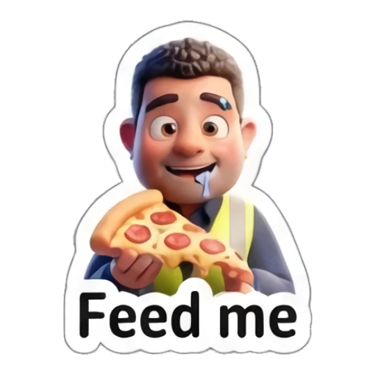 Worker holding a slice of pizza, looking hungry and drooling. Busy Worker Life sticker for expressive chats and social replies.