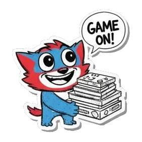 Gamer cat holding a stack of games with text GAME ON Gamer Cat Adventures sticker for expressive chats and social replies.