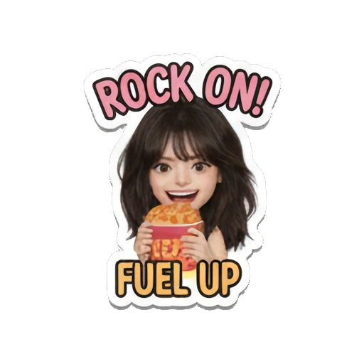 Girl eating popcorn, happy, text 'ROCK ON! FUEL UP' Music Festival Girl sticker for expressive chats and social replies.