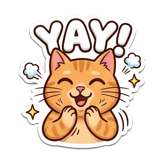 Excited orange cat cheering, text YAY Puffy Orange Cat Moods sticker for expressive chats and social replies.