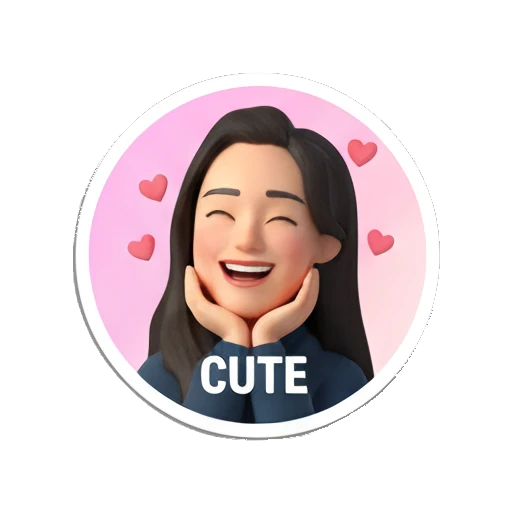 Young woman smiling with hands on cheeks, heart icons, text CUTE My Daily 3D Avatar sticker for expressive chats and social replies.