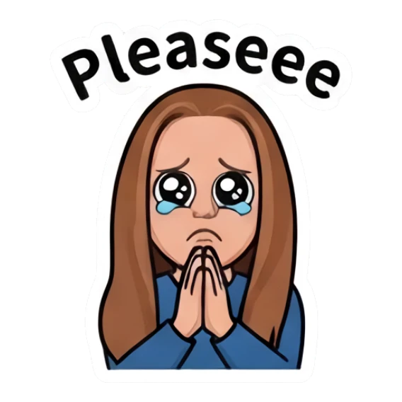 Girl with pleading eyes and hands together with text Pleaseee Everyday Girl Expressions sticker for expressive chats and social replies.