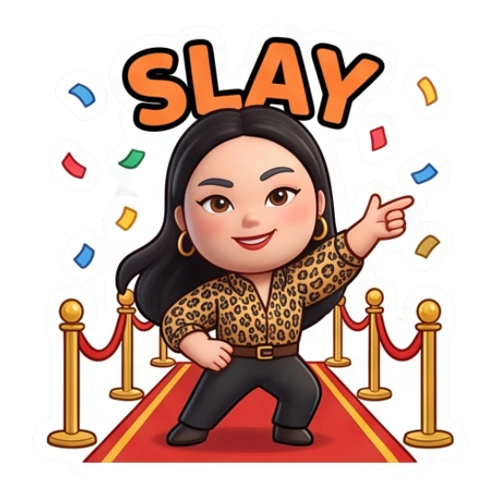 Girl pointing on red carpet, confetti, text Slay Cinema Diva Daily Life sticker for expressive chats and social replies.