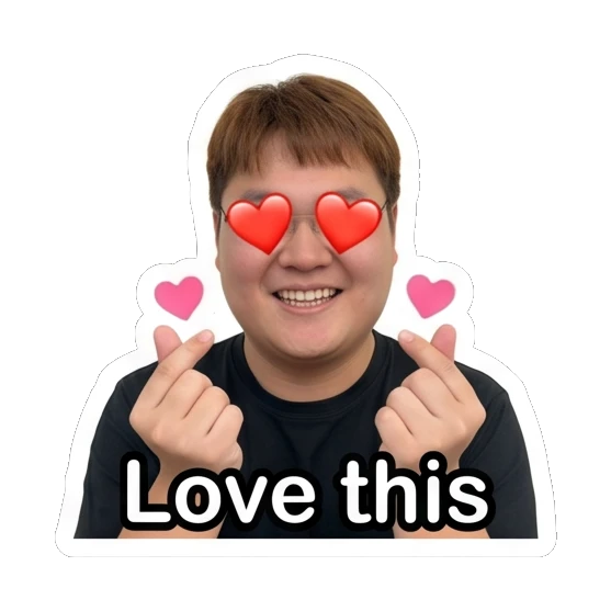 Man with glasses making a heart gesture with eyes as hearts and text Love this Daily Life of a Friendly Guy sticker for expressive chats and social replies.