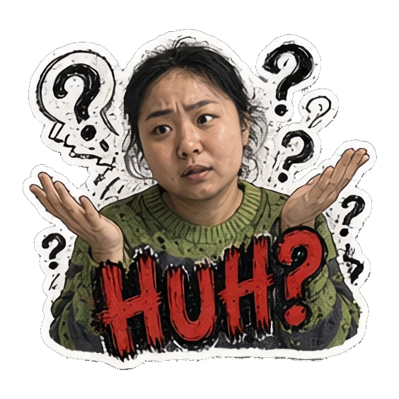 年轻女性摊手疑惑，表情困惑，文字HUH Punk Girl Daily Vibes sticker for expressive chats and social replies.