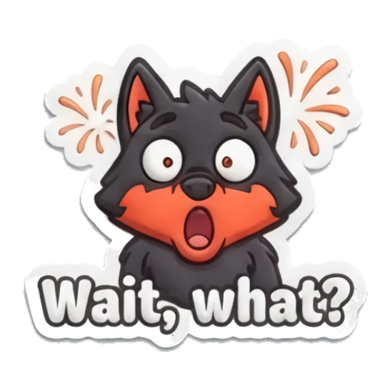 Surprised wolf with wide eyes saying Wait what Puffy Wolf Moods sticker for expressive chats and social replies.