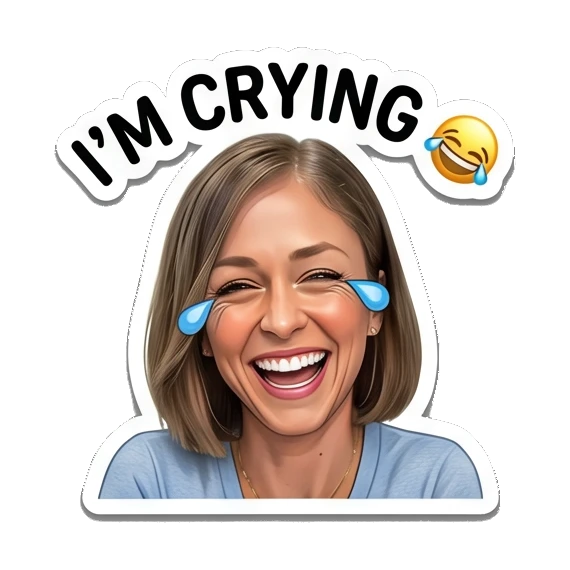 Woman laughing with tears, text I'M CRYING Everyday Expressions of Sarah sticker for expressive chats and social replies.