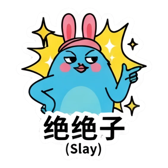 Blue bunny pointing confidently with star bursts, looking sassy. Blue Bunny Moods sticker for expressive chats and social replies.