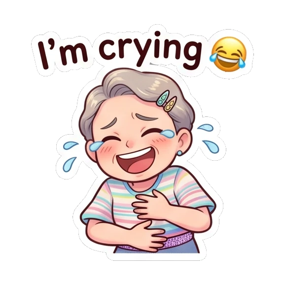 Grandma laughing hysterically with tears of joy. Cheerful Grandma Adventures sticker for expressive chats and social replies.