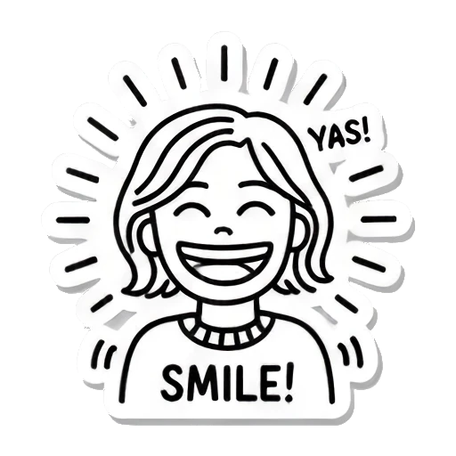 卡通女孩开心笑，文字SMILE Line Art Emotion Stickers sticker for expressive chats and social replies.