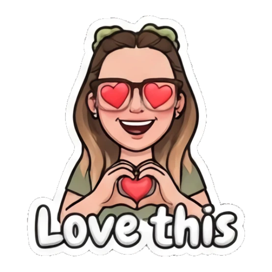 Girl with glasses making a heart shape with hands, eyes as hearts, text Love this My Daily Moods sticker for expressive chats and social replies.