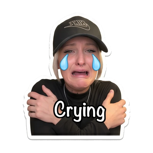 Woman crying with tears, hugging herself, text Crying Cool Girl Daily Vibes sticker for expressive chats and social replies.