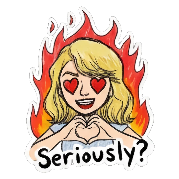 Blonde girl with heart eyes and fire background making heart shape with text Seriously Blonde Girl Doodle Diary sticker for expressive chats and social replies.