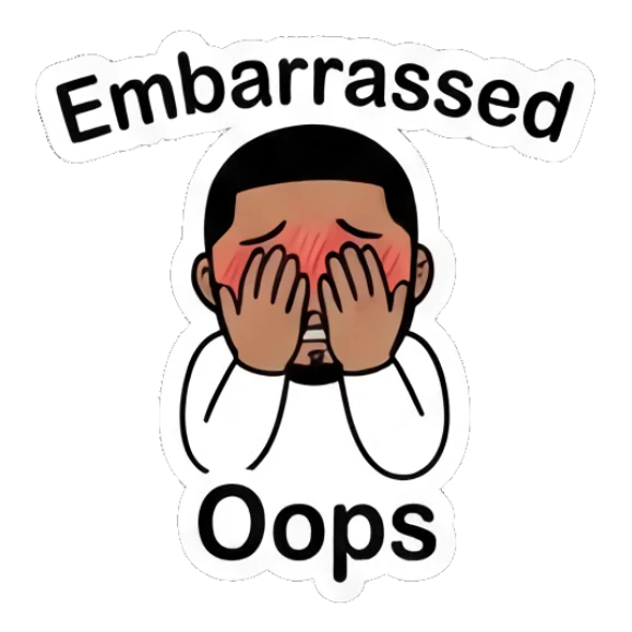 Bearded man feeling embarrassed with hands covering his blushing face. Cool Guy Daily Vibes sticker for expressive chats and social replies.