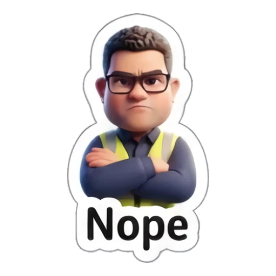Worker with arms crossed, looking skeptical or annoyed. Busy Worker Life sticker for expressive chats and social replies.