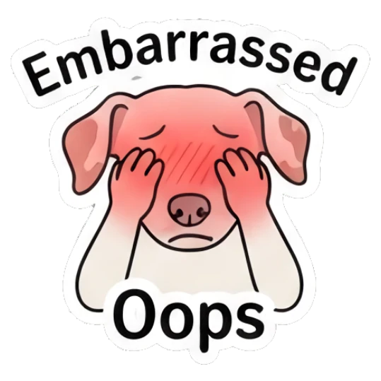 Embarrassed puppy covering face with paws and text Oops Playful Spotted Puppy Expressions sticker for expressive chats and social replies.