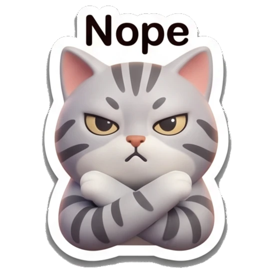 Disapproving gray tabby cat with crossed arms and text 'Nope' Cheerful Gray Tabby Cat sticker for expressive chats and social replies.