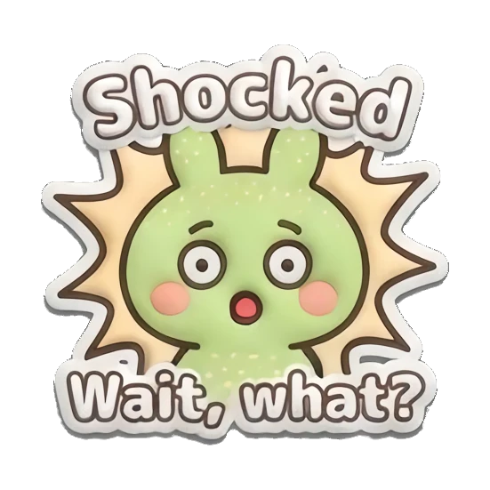 Shocked green bunny with wide eyes and 'Shocked Wait, what?' text. Puffy Green Bunny Adventures sticker for expressive chats and social replies.