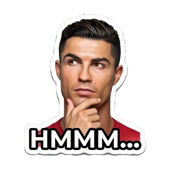 Cristiano Ronaldo chin on hand thinking with HMMM text Cristiano Ronaldo Expressions sticker for expressive chats and social replies.