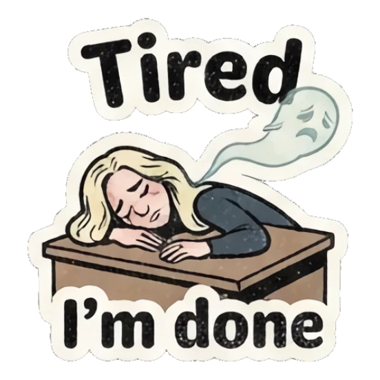 Exhausted blonde girl slumped over a desk with a ghost spirit rising. Retro Blonde Comic Vibes sticker for expressive chats and social replies.